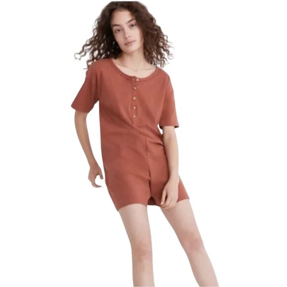Madewell Henley Romper Rust One Piece Burnt Orange Lounge PJs XL X-Large ND919 - Picture 2 of 6